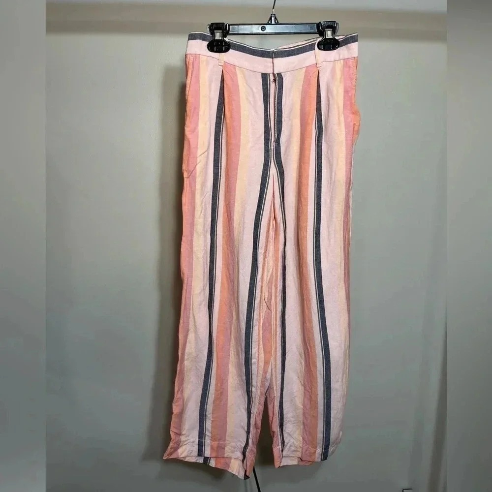 Loft Pink Orange Striped Linen Blend Wide Leg Pants XS RN140923